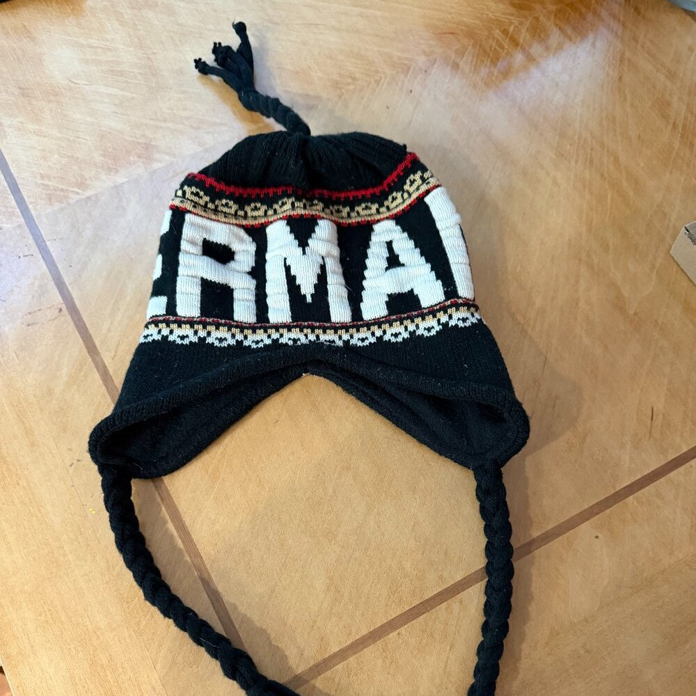 Knit Cap, 100% Acrylic, Designed in Germany w/ Earflaps, Strings, Black, Unisex